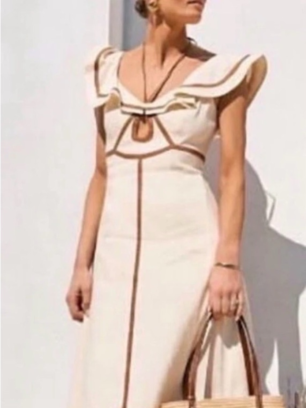 ANTONIO MELANI Cream Maxi Dress with Brown Piping MG style Kurry dress // 12